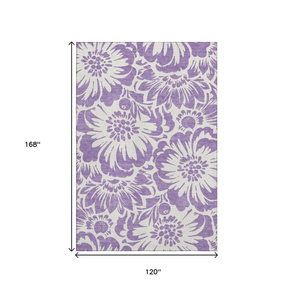HomeRoots 10' X 14' Floral Washable Area Rug in Purple & Ivory - Stylish, Durable, UV Protected for Any Space 648694