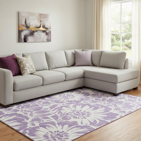 HomeRoots 10' X 14' Floral Washable Area Rug in Purple & Ivory - Stylish, Durable, UV Protected for Any Space 648694