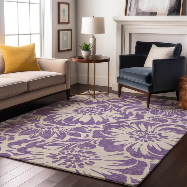 HomeRoots 10' X 14' Floral Washable Area Rug in Purple & Ivory - Stylish, Durable, UV Protected for Any Space 648694
