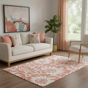 HomeRoots 5' X 8' Salmon and Ivory Floral Area Rug - Stain-Resistant, UV Protected, Machine Washable Style! 648696