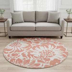 HomeRoots 8' Salmon and Ivory Floral Round Washable Rug – Durable, UV-Protected, Perfect for Family Spaces! 648697