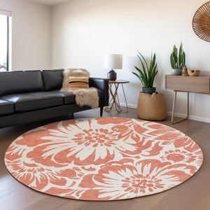 HomeRoots 8' Salmon and Ivory Floral Round Washable Rug – Durable, UV-Protected, Perfect for Family Spaces! 648697