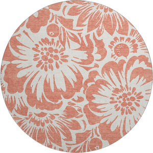 HomeRoots 8' Salmon and Ivory Floral Round Washable Rug – Durable, UV-Protected, Perfect for Family Spaces! 648697