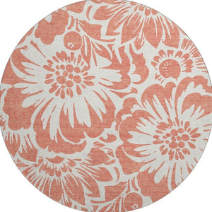 HomeRoots 8' Salmon and Ivory Floral Round Washable Rug – Durable, UV-Protected, Perfect for Family Spaces! 648697