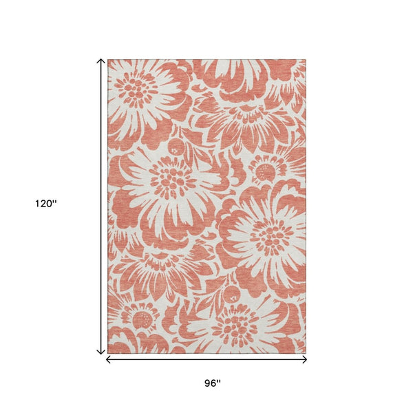 HomeRoots 8' X 10' Salmon Floral Area Rug - Durable, Stain-Resistant, UV Protected for Stylish Living Spaces 648698