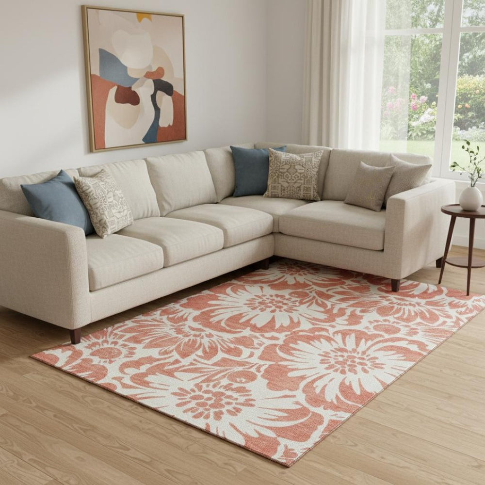 HomeRoots 8' X 10' Salmon Floral Area Rug - Durable, Stain-Resistant, UV Protected for Stylish Living Spaces 648698