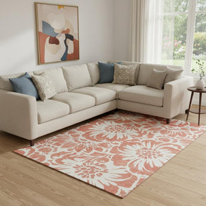HomeRoots 8' X 10' Salmon Floral Area Rug - Durable, Stain-Resistant, UV Protected for Stylish Living Spaces 648698