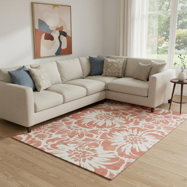 HomeRoots 8' X 10' Salmon Floral Area Rug - Durable, Stain-Resistant, UV Protected for Stylish Living Spaces 648698