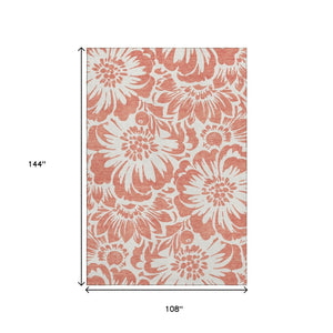 HomeRoots 9' X 12' Salmon and Ivory Floral Area Rug - Washable, UV Protected, Durable Design for Homes with Pets 648699