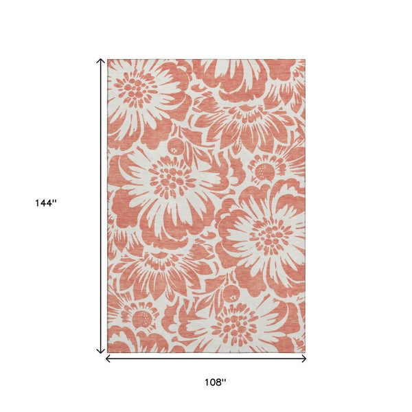 HomeRoots 9' X 12' Salmon and Ivory Floral Area Rug - Washable, UV Protected, Durable Design for Homes with Pets 648699