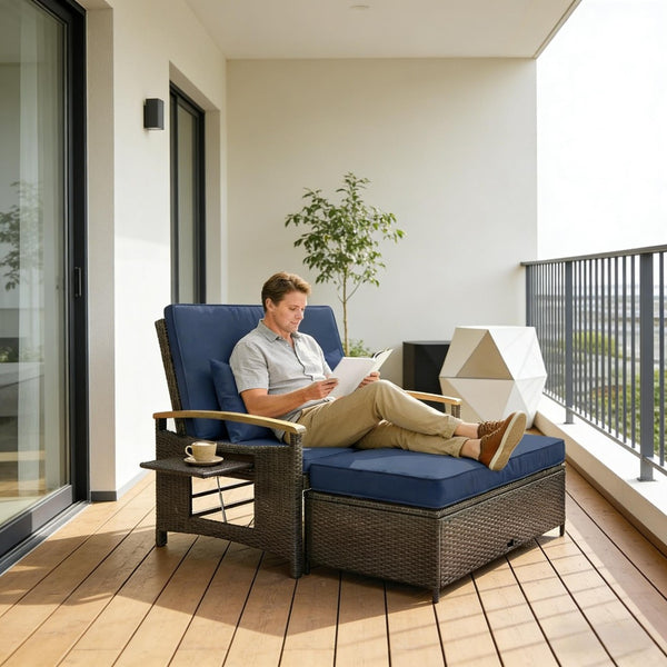 English Elm 4-in-1 Wicker Outdoor Daybed with Acacia Armrests Reclining Loveseat and Storage Ottoman Navy Blue T3971P484859