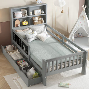 English Elm Twin Chalkboard Platform Bed with Drawers & Shelves, Solid Wood Kids Bed with Storage and Creative Headboard Grey W1580P362706
