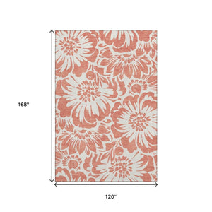 HomeRoots 10' X 14' Salmon and Ivory Floral Area Rug - Washable, UV Protected, Perfect for Busy Homes! 648700