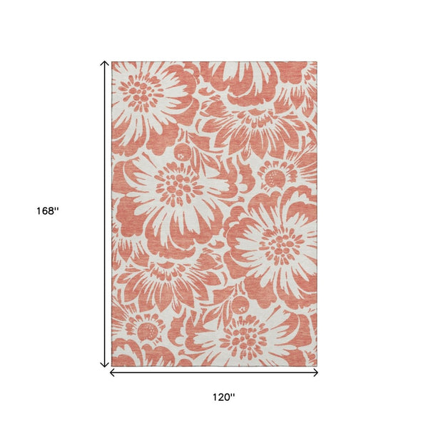 HomeRoots 10' X 14' Salmon and Ivory Floral Area Rug - Washable, UV Protected, Perfect for Busy Homes! 648700