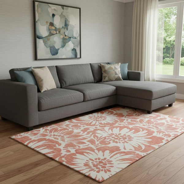HomeRoots 10' X 14' Salmon and Ivory Floral Area Rug - Washable, UV Protected, Perfect for Busy Homes! 648700