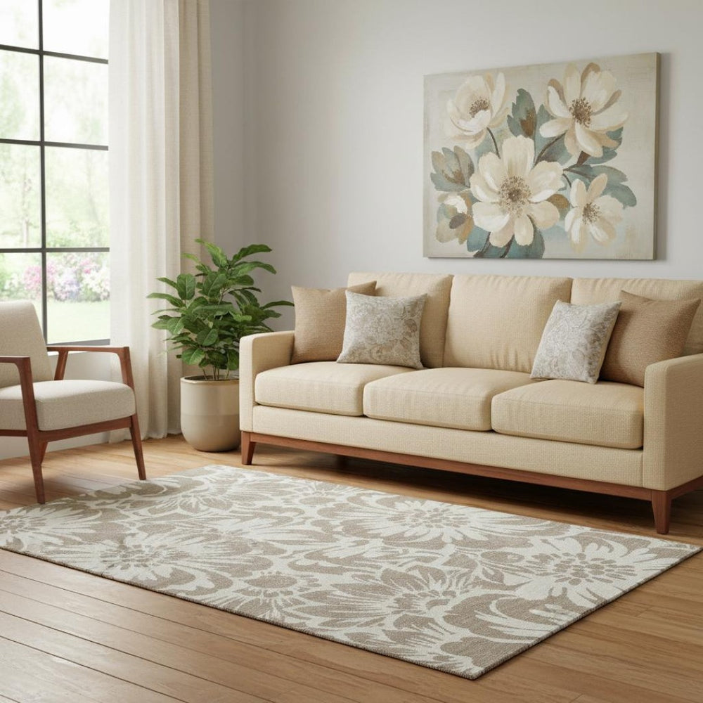 HomeRoots 5' X 8' Floral Taupe and Ivory Washable Area Rug with UV Protection for Stylish, Easy Living Spaces 648702
