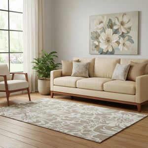HomeRoots 5' X 8' Floral Taupe and Ivory Washable Area Rug with UV Protection for Stylish, Easy Living Spaces 648702
