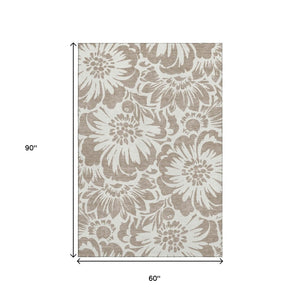 HomeRoots 5' X 8' Floral Taupe and Ivory Washable Area Rug with UV Protection for Stylish, Easy Living Spaces 648702