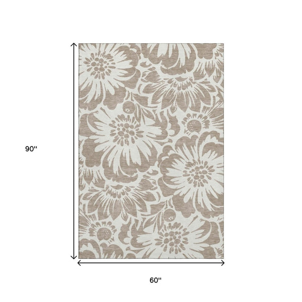 HomeRoots 5' X 8' Floral Taupe and Ivory Washable Area Rug with UV Protection for Stylish, Easy Living Spaces 648702