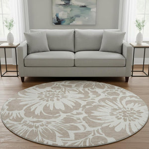 HomeRoots 8' Taupe and Ivory Floral Round Rug - Washable, UV Protected, Stylish Comfort for Any Space 648703