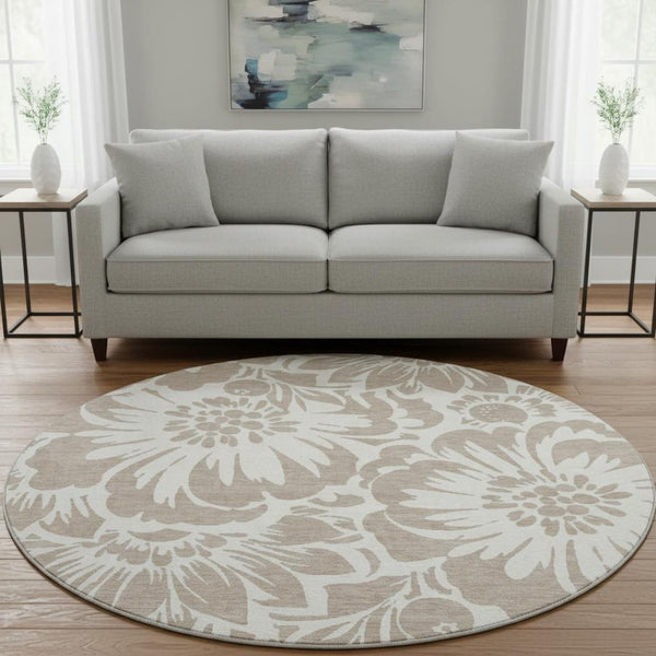 HomeRoots 8' Taupe and Ivory Floral Round Rug - Washable, UV Protected, Stylish Comfort for Any Space 648703