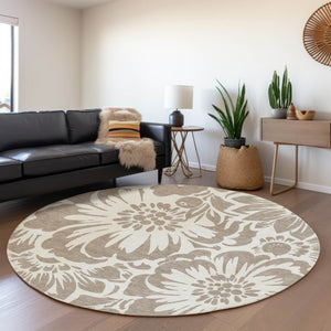 HomeRoots 8' Taupe and Ivory Floral Round Rug - Washable, UV Protected, Stylish Comfort for Any Space 648703