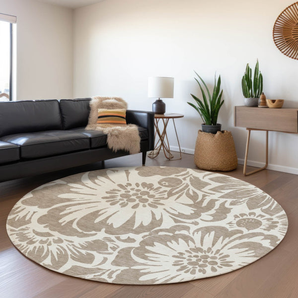 HomeRoots 8' Taupe and Ivory Floral Round Rug - Washable, UV Protected, Stylish Comfort for Any Space 648703