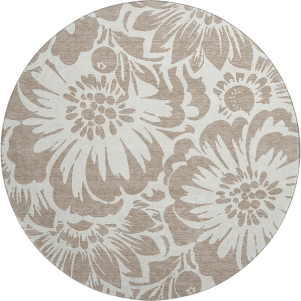 HomeRoots 8' Taupe and Ivory Floral Round Rug - Washable, UV Protected, Stylish Comfort for Any Space 648703