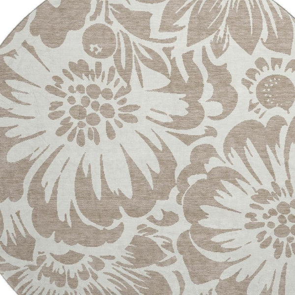 HomeRoots 8' Taupe and Ivory Floral Round Rug - Washable, UV Protected, Stylish Comfort for Any Space 648703