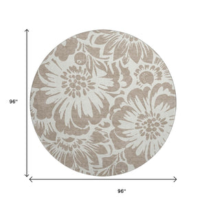HomeRoots 8' Taupe and Ivory Floral Round Rug - Washable, UV Protected, Stylish Comfort for Any Space 648703