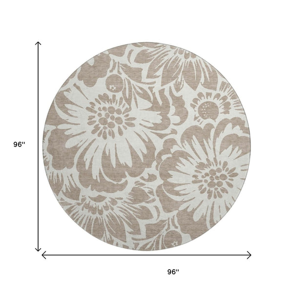HomeRoots 8' Taupe and Ivory Floral Round Rug - Washable, UV Protected, Stylish Comfort for Any Space 648703