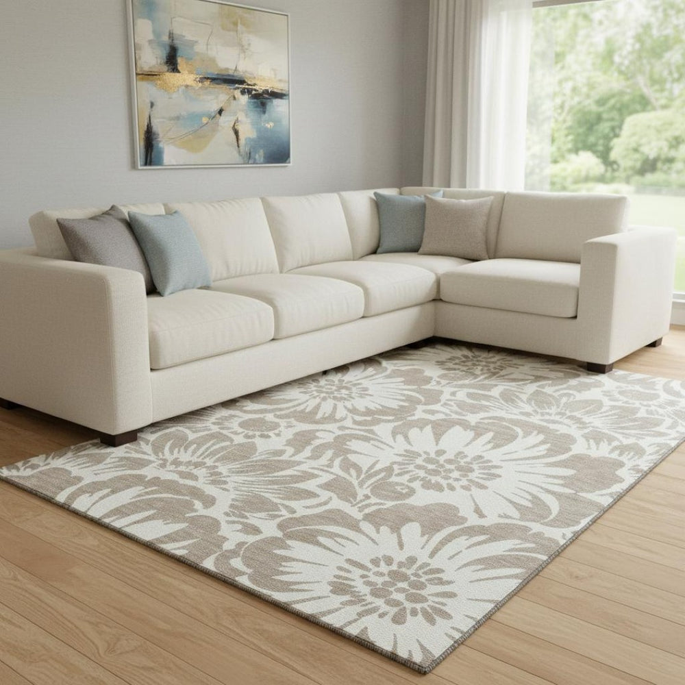 HomeRoots 8' X 10' Elegant Taupe & Ivory Floral Area Rug - Stain-Resistant, UV Protected for Busy Homes 648704