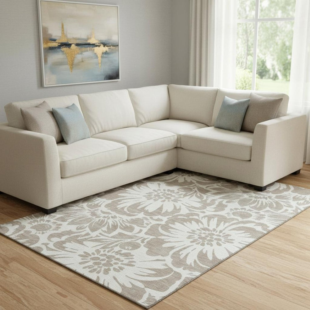 HomeRoots 9' X 12' Floral Washable Area Rug in Taupe & Ivory - UV Protected, Stain Resistant, Kid & Pet Friendly 648705