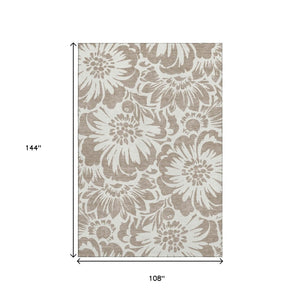 HomeRoots 9' X 12' Floral Washable Area Rug in Taupe & Ivory - UV Protected, Stain Resistant, Kid & Pet Friendly 648705