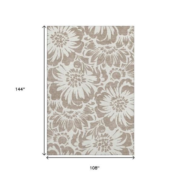 HomeRoots 9' X 12' Floral Washable Area Rug in Taupe & Ivory - UV Protected, Stain Resistant, Kid & Pet Friendly 648705