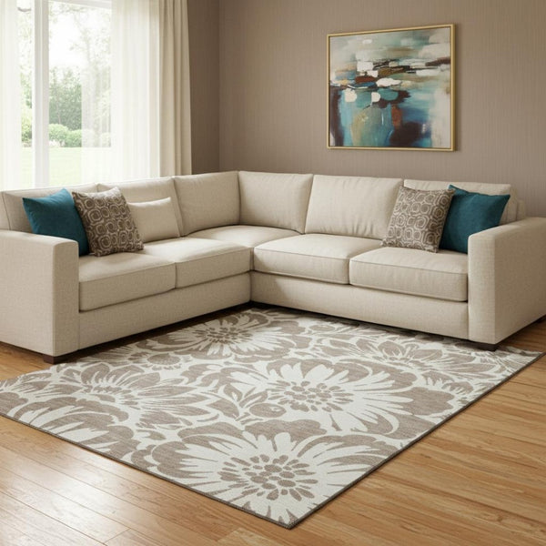 HomeRoots 10' X 14' Taupe and Ivory Floral Area Rug – Washable, Durable, UV-Protected for Busy Family Spaces 648706
