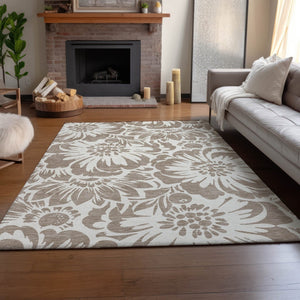 HomeRoots 10' X 14' Taupe and Ivory Floral Area Rug – Washable, Durable, UV-Protected for Busy Family Spaces 648706