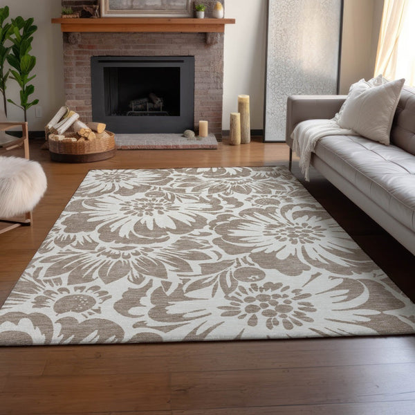 HomeRoots 10' X 14' Taupe and Ivory Floral Area Rug – Washable, Durable, UV-Protected for Busy Family Spaces 648706