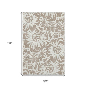 HomeRoots 10' X 14' Taupe and Ivory Floral Area Rug – Washable, Durable, UV-Protected for Busy Family Spaces 648706