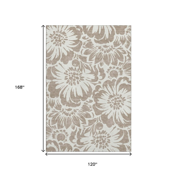 HomeRoots 10' X 14' Taupe and Ivory Floral Area Rug – Washable, Durable, UV-Protected for Busy Family Spaces 648706