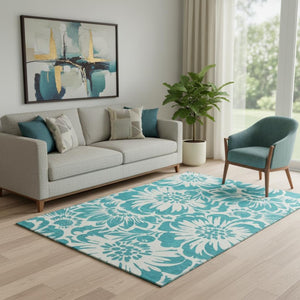 HomeRoots 5' X 8' Teal & Ivory Floral Area Rug - Washable, UV Protected, Perfect for Homes with Kids & Pets! 648708