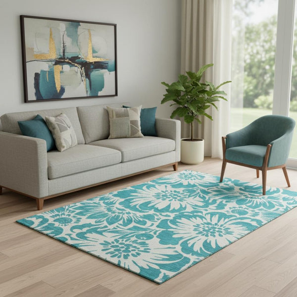 HomeRoots 5' X 8' Teal & Ivory Floral Area Rug - Washable, UV Protected, Perfect for Homes with Kids & Pets! 648708
