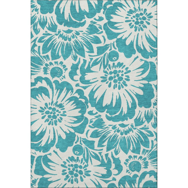 HomeRoots 5' X 8' Teal & Ivory Floral Area Rug - Washable, UV Protected, Perfect for Homes with Kids & Pets! 648708