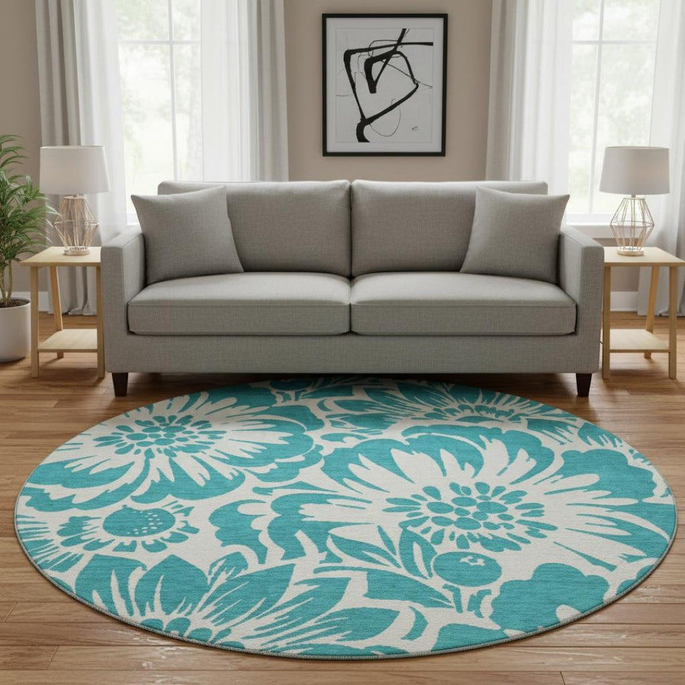 HomeRoots 8' Teal Floral Round Rug - Washable, UV Protected, Durable Design for Indoor & Outdoor Spaces 648709