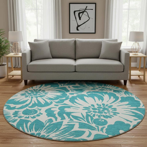 HomeRoots 8' Teal Floral Round Rug - Washable, UV Protected, Durable Design for Indoor & Outdoor Spaces 648709