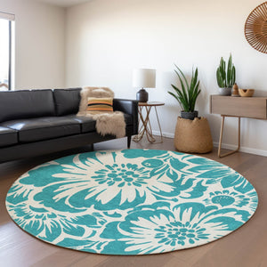 HomeRoots 8' Teal Floral Round Rug - Washable, UV Protected, Durable Design for Indoor & Outdoor Spaces 648709