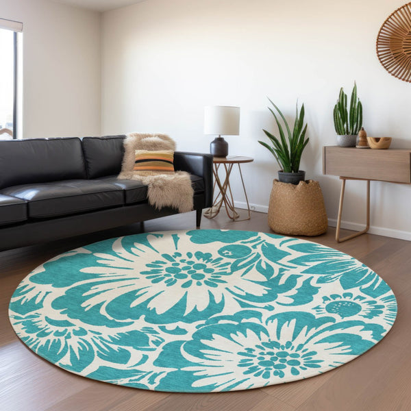 HomeRoots 8' Teal Floral Round Rug - Washable, UV Protected, Durable Design for Indoor & Outdoor Spaces 648709