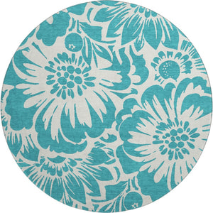 HomeRoots 8' Teal Floral Round Rug - Washable, UV Protected, Durable Design for Indoor & Outdoor Spaces 648709