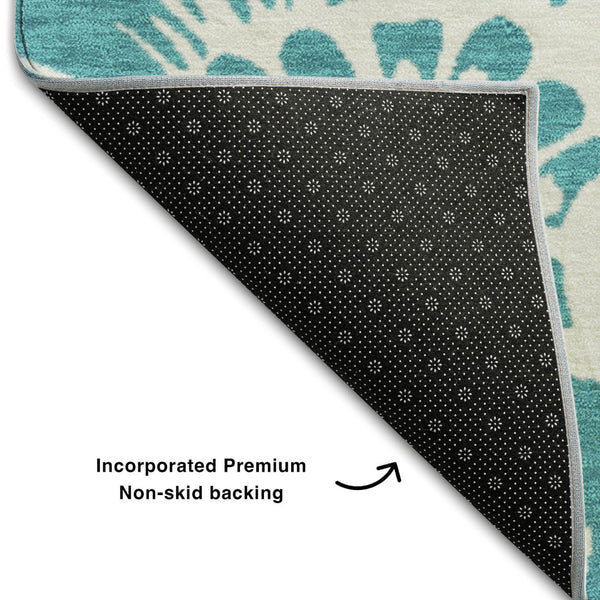 HomeRoots 8' Teal Floral Round Rug - Washable, UV Protected, Durable Design for Indoor & Outdoor Spaces 648709