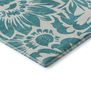 HomeRoots 8' Teal Floral Round Rug - Washable, UV Protected, Durable Design for Indoor & Outdoor Spaces 648709